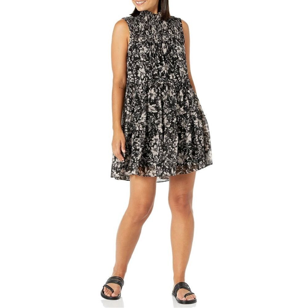 Taylor Black & Ivory Floral Mock Neck Smocked Chiffon Swing Dress